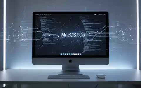 A close-up of a modern Apple iMac screen displaying the macOS beta interface, with abstract digital lines and code reflecting on its surface. - Foto: über boerse-global.de