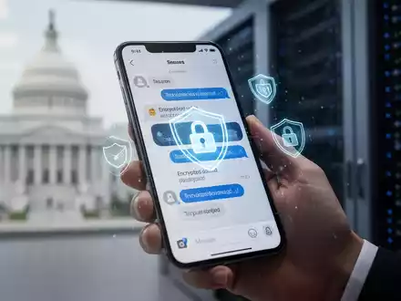 Ein Smartphone zeigt eine sichere Messenger-Oberfläche mit verschlüsselten Chats. Im Hintergrund ein unscharfes Regierungsgebäude. - Foto: über boerse-global.de