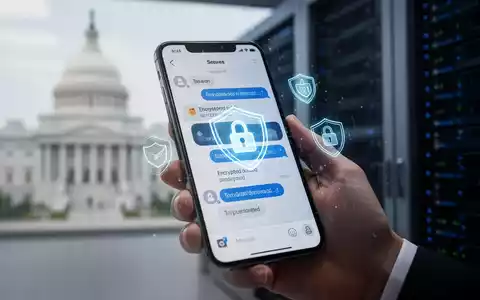 Ein Smartphone zeigt eine sichere Messenger-Oberfläche mit verschlüsselten Chats. Im Hintergrund ein unscharfes Regierungsgebäude. - Foto: über boerse-global.de