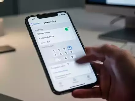 Nahaufnahme eines Apple iPhones mit Bildschirmzeit-Einstellungen und einer Hand, die einen vergessenen Code eingibt. - Foto: über boerse-global.de