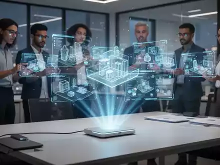 A holographic interface showing 3D models and collaborative workspaces, projected from a sleek device onto a modern office desk. - Foto: über boerse-global.de