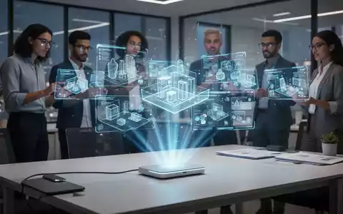 A holographic interface showing 3D models and collaborative workspaces, projected from a sleek device onto a modern office desk. - Foto: über boerse-global.de