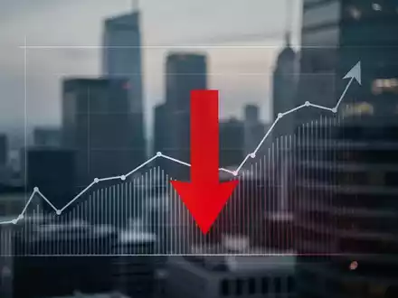 Ein gedämpftes Stadtbild mit Finanzviertel im Hintergrund und einem roten Abwärtspfeil, der einen Marktrückgang symbolisiert. - Foto: über boerse-global.de