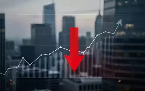 Ein gedämpftes Stadtbild mit Finanzviertel im Hintergrund und einem roten Abwärtspfeil, der einen Marktrückgang symbolisiert. - Foto: über boerse-global.de