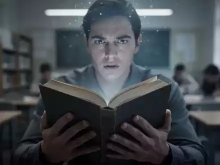 Hände halten ein Buch vor einem unscharfen Hintergrund eines Klassenzimmers, mit einem subtilen Schein um den Kopf, der kognitive Aktivität andeutet. - Foto: über boerse-global.de