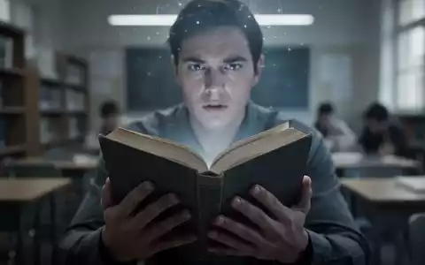 Hände halten ein Buch vor einem unscharfen Hintergrund eines Klassenzimmers, mit einem subtilen Schein um den Kopf, der kognitive Aktivität andeutet. - Foto: über boerse-global.de