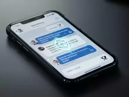 A smartphone screen displaying a secure business messaging app with encrypted messages, against a blurred professional office background. - Foto: über boerse-global.de