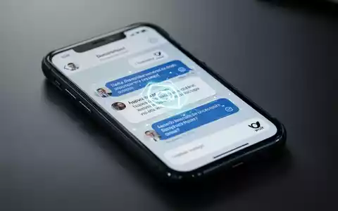 A smartphone screen displaying a secure business messaging app with encrypted messages, against a blurred professional office background. - Foto: über boerse-global.de