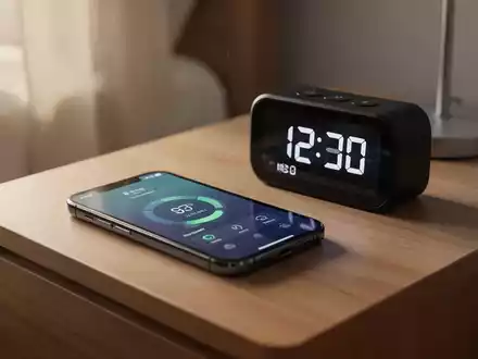 A smartphone displaying an alarm clock interface on a bedside table in soft morning light. - Foto: über boerse-global.de