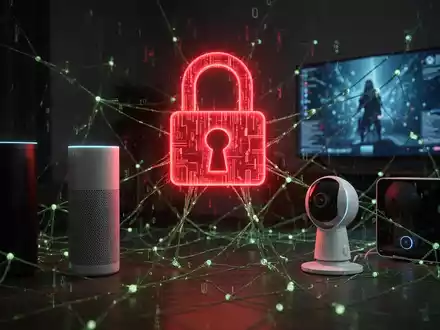 Ein bedrohliches, rot leuchtendes digitales Schloss-Symbol schwebt über vernetzten Smart-Home-Geräten, die in einem Netz aus grünen Datenleitungen gefangen sind. - Foto: über boerse-global.de