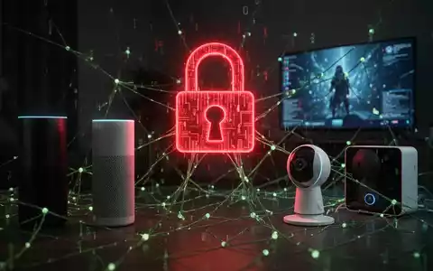 Ein bedrohliches, rot leuchtendes digitales Schloss-Symbol schwebt über vernetzten Smart-Home-Geräten, die in einem Netz aus grünen Datenleitungen gefangen sind. - Foto: über boerse-global.de