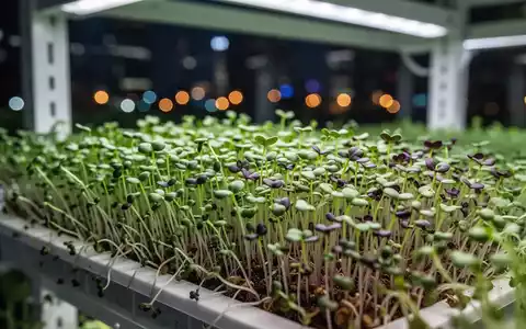 Nahaufnahme von leuchtend grünen Microgreens, die in einem modernen, urbanen vertikalen Anbausystem wachsen. - Foto: über boerse-global.de