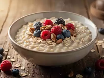 Eine Nahaufnahme einer Schüssel Haferflocken mit Beeren und Nüssen auf einem Holztisch, beleuchtet von sanftem, natürlichem Licht. - Foto: über boerse-global.de