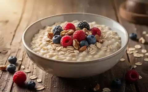 Eine Nahaufnahme einer Schüssel Haferflocken mit Beeren und Nüssen auf einem Holztisch, beleuchtet von sanftem, natürlichem Licht. - Foto: über boerse-global.de