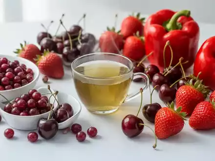 Ein Stillleben aus frischem Obst und Gemüse, darunter Cranberries, grüner Tee, Kirschen, Erdbeeren und rote Paprika. - Foto: über boerse-global.de