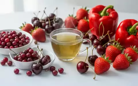 Ein Stillleben aus frischem Obst und Gemüse, darunter Cranberries, grüner Tee, Kirschen, Erdbeeren und rote Paprika. - Foto: über boerse-global.de