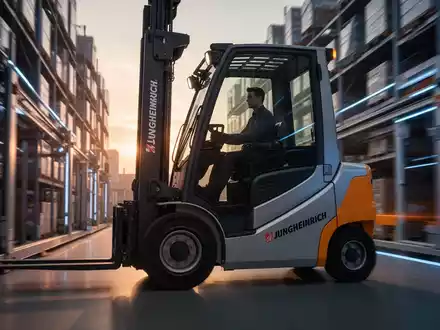 Ein moderner Jungheinrich-Gabelstapler fährt durch ein automatisiertes Lager, beleuchtet von warmem Morgenlicht. - Foto: über boerse-global.de