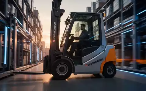 Ein moderner Jungheinrich-Gabelstapler fährt durch ein automatisiertes Lager, beleuchtet von warmem Morgenlicht. - Foto: über boerse-global.de