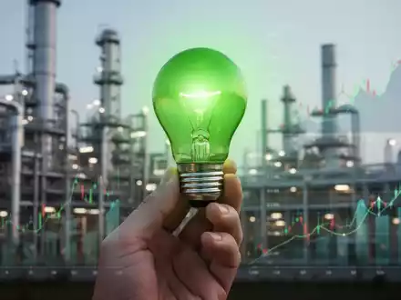 Eine Hand hält eine leuchtende grüne Glühbirne, im Hintergrund eine Industrieanlage und Finanzdiagramme, symbolisiert Genehmigung und grüne Energie. - Foto: über boerse-global.de