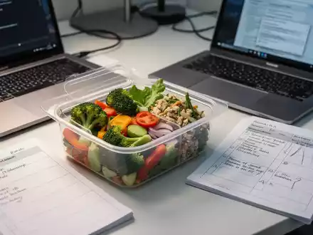 Ein offener Meal-Prep-Behälter mit einer gesunden Mahlzeit, einem Laptop und einem Notizbuch auf einem Schreibtisch. - Foto: über boerse-global.de