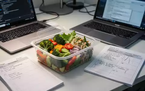 Ein offener Meal-Prep-Behälter mit einer gesunden Mahlzeit, einem Laptop und einem Notizbuch auf einem Schreibtisch. - Foto: über boerse-global.de