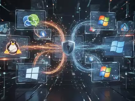 Abstract representation of virtualization, with glowing data streams connecting multiple digital screens displaying operating system logos. - Foto: über boerse-global.de