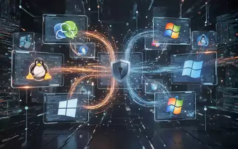 Abstract representation of virtualization, with glowing data streams connecting multiple digital screens displaying operating system logos. - Foto: über boerse-global.de