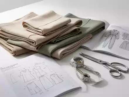 Nahaufnahme von gefalteten Stoffmustern in neutralen Farben, Nähwerkzeugen und einem geöffneten Schnittmusterbuch auf einem sauberen Tisch. - Foto: über boerse-global.de