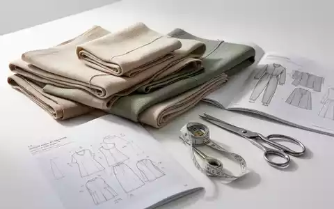 Nahaufnahme von gefalteten Stoffmustern in neutralen Farben, Nähwerkzeugen und einem geöffneten Schnittmusterbuch auf einem sauberen Tisch. - Foto: über boerse-global.de