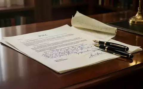 Ein handschriftliches Testament liegt offen auf einem Schreibtisch neben einem Füllfederhalter, symbolisierend Nachlassplanung und rechtliche Dokumente. - Foto: über boerse-global.de