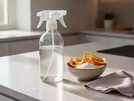Eine minimalistische Küche mit natürlichen Reinigungsmitteln wie einer Sprühflasche, Zitronenschalen und einem Tuch auf einer Arbeitsplatte. - Foto: über boerse-global.de