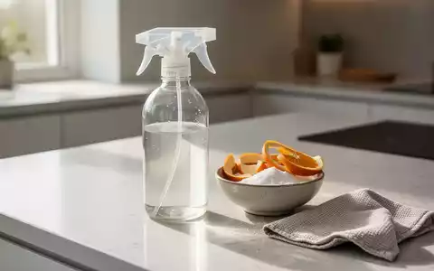 Eine minimalistische Küche mit natürlichen Reinigungsmitteln wie einer Sprühflasche, Zitronenschalen und einem Tuch auf einer Arbeitsplatte. - Foto: über boerse-global.de