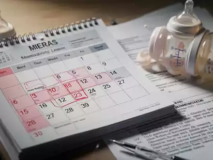 Ein Kalenderblatt mit hervorgehobenem Datum, daneben eine Babyflasche und juristische Dokumente, die Mutterschutz und Recht symbolisieren. - Foto: ĂĽber boerse-global.de