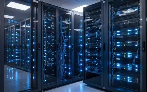 Server-Racks in einem modernen Rechenzentrum mit blauen Lichtern, die Technologieintegration und Kühllösungen symbolisieren. - Foto: über boerse-global.de