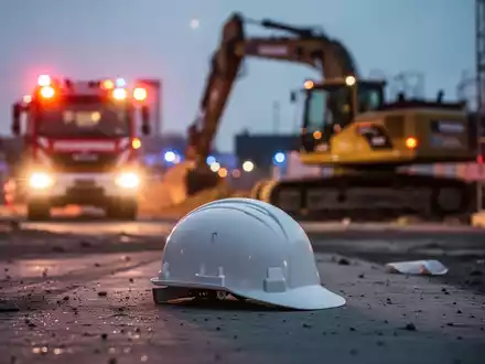 Eine Unfallstelle auf einem Betriebsgelände in Hamburg-Bahrenfeld mit Blaulicht, einem einzelnen Schutzhelm und unscharfen Maschinen. - Foto: über boerse-global.de