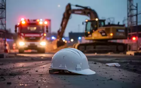 Eine Unfallstelle auf einem Betriebsgelände in Hamburg-Bahrenfeld mit Blaulicht, einem einzelnen Schutzhelm und unscharfen Maschinen. - Foto: über boerse-global.de