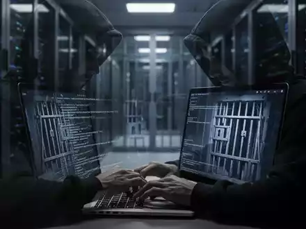 Eine schattenhafte Person in einem Hoodie tippt auf einem Laptop, dessen Bildschirm ein digitales Gefängnisgitter zeigt. - Foto: über boerse-global.de