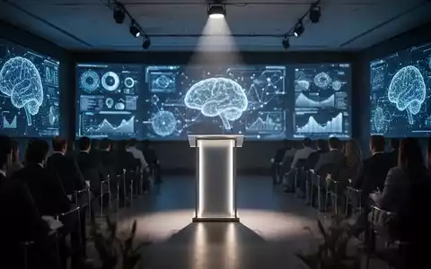 Ein moderner Konferenzraum mit digitalen Anzeigen, die abstrakte KI-Datenvisualisierungen zeigen, und einem beleuchteten Podium. - Foto: über boerse-global.de