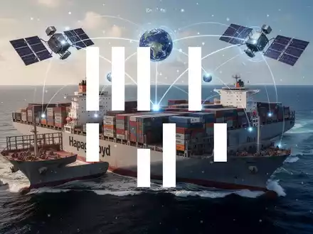 Ein modernes Containerschiff von Hapag-Lloyd auf See mit einer digitalen Überlagerung, die eine Satellitenverbindung darstellt. - Foto: über boerse-global.de
