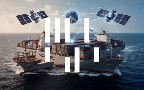 Ein modernes Containerschiff von Hapag-Lloyd auf See mit einer digitalen Überlagerung, die eine Satellitenverbindung darstellt. - Foto: über boerse-global.de