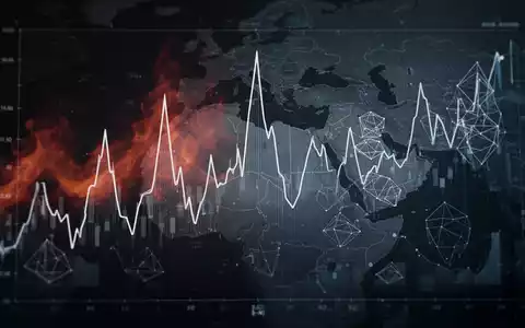 Eine stilisierte Darstellung der Finanzmarktvolatilität mit einem digitalen Diagramm und Elementen, die Inflation, Zinsen und internationale Beziehungen andeuten. - Foto: über boerse-global.de