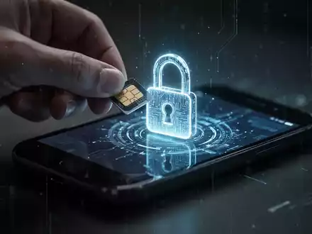 Eine Nahaufnahme einer Hand, die eine SIM-Karte in ein Smartphone einlegt, mit einem digitalen Vorhängeschloss auf dem Bildschirm. - Foto: über boerse-global.de