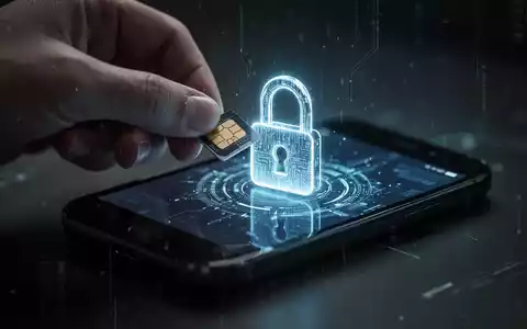 Eine Nahaufnahme einer Hand, die eine SIM-Karte in ein Smartphone einlegt, mit einem digitalen Vorhängeschloss auf dem Bildschirm. - Foto: über boerse-global.de