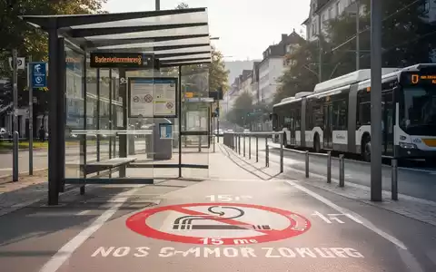 Eine moderne Bushaltestelle in Baden-Württemberg mit einer markierten 15-Meter-Raucherverbotszone auf dem Boden. - Foto: über boerse-global.de