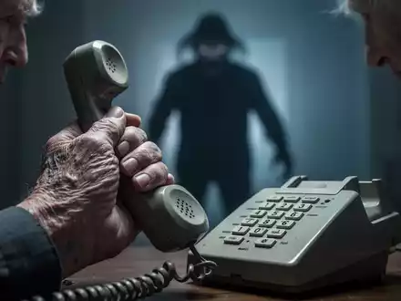 Eine ältere Hand hält ein Telefon, im unscharfen Hintergrund eine bedrohliche, schattenhafte Figur. - Foto: über boerse-global.de