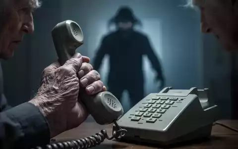 Eine ältere Hand hält ein Telefon, im unscharfen Hintergrund eine bedrohliche, schattenhafte Figur. - Foto: über boerse-global.de
