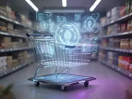 A glowing, futuristic AI assistant interface projected onto a sleek digital shopping cart, surrounded by blurred retail products. - Foto: über boerse-global.de