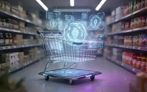 A glowing, futuristic AI assistant interface projected onto a sleek digital shopping cart, surrounded by blurred retail products. - Foto: über boerse-global.de