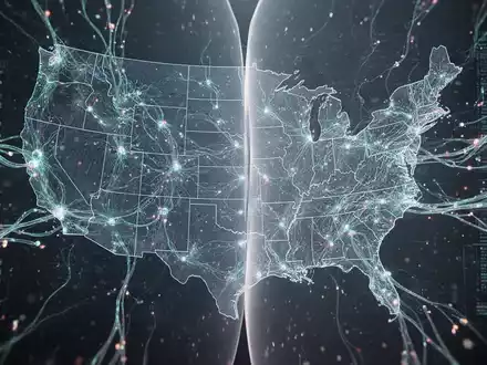 Digital graphic showing AI neural networks and a map of the US, with data flow encountering a restriction. - Foto: über boerse-global.de