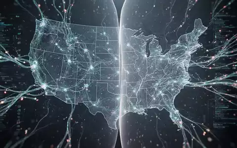 Digital graphic showing AI neural networks and a map of the US, with data flow encountering a restriction. - Foto: über boerse-global.de
